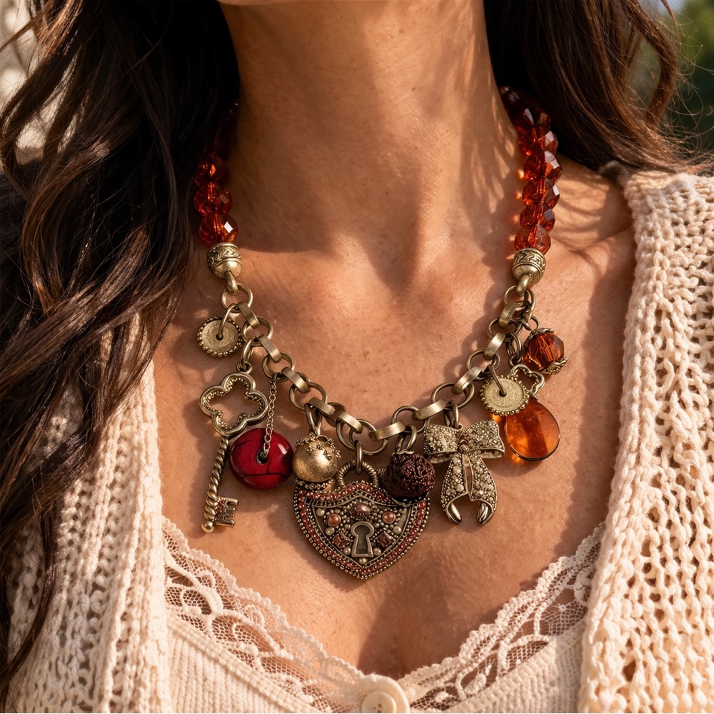 Vintage Charm Necklace Red Orange Beaded Statement Necklace Gold Tone Chunky